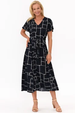 Midi Dresses<Slate the Label Brylee Navy Geo Tie Dress