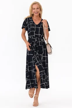 Midi Dresses<Slate the Label Brylee Navy Geo Tie Dress