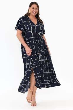 Midi Dresses<Slate the Label Brylee Navy Geo Tie Dress