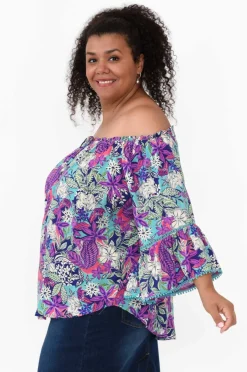 Sleeved Tops<New U Collection Budapest Purple Tropical Off Shoulder Top