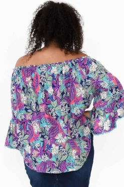 Sleeved Tops<New U Collection Budapest Purple Tropical Off Shoulder Top