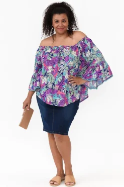 Sleeved Tops<New U Collection Budapest Purple Tropical Off Shoulder Top