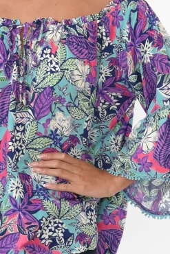 Sleeved Tops<New U Collection Budapest Purple Tropical Off Shoulder Top