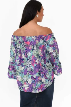 Sleeved Tops<New U Collection Budapest Purple Tropical Off Shoulder Top