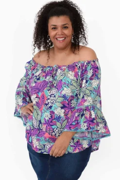 Sleeved Tops<New U Collection Budapest Purple Tropical Off Shoulder Top