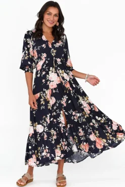 Sleeved Dresses<Silver Wishes Butler Navy Blossom Tie Maxi Dress