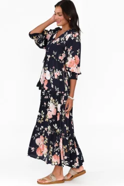 Sleeved Dresses<Silver Wishes Butler Navy Blossom Tie Maxi Dress