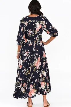 Sleeved Dresses<Silver Wishes Butler Navy Blossom Tie Maxi Dress