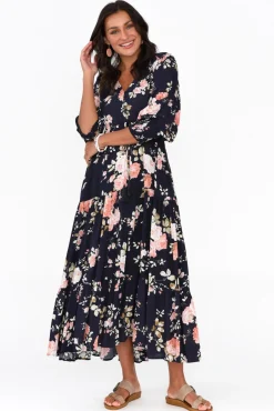 Sleeved Dresses<Silver Wishes Butler Navy Blossom Tie Maxi Dress