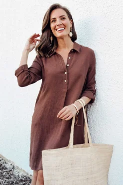 Cotton Dresses<Threadz Byron Chocolate Cotton Shirt Dress