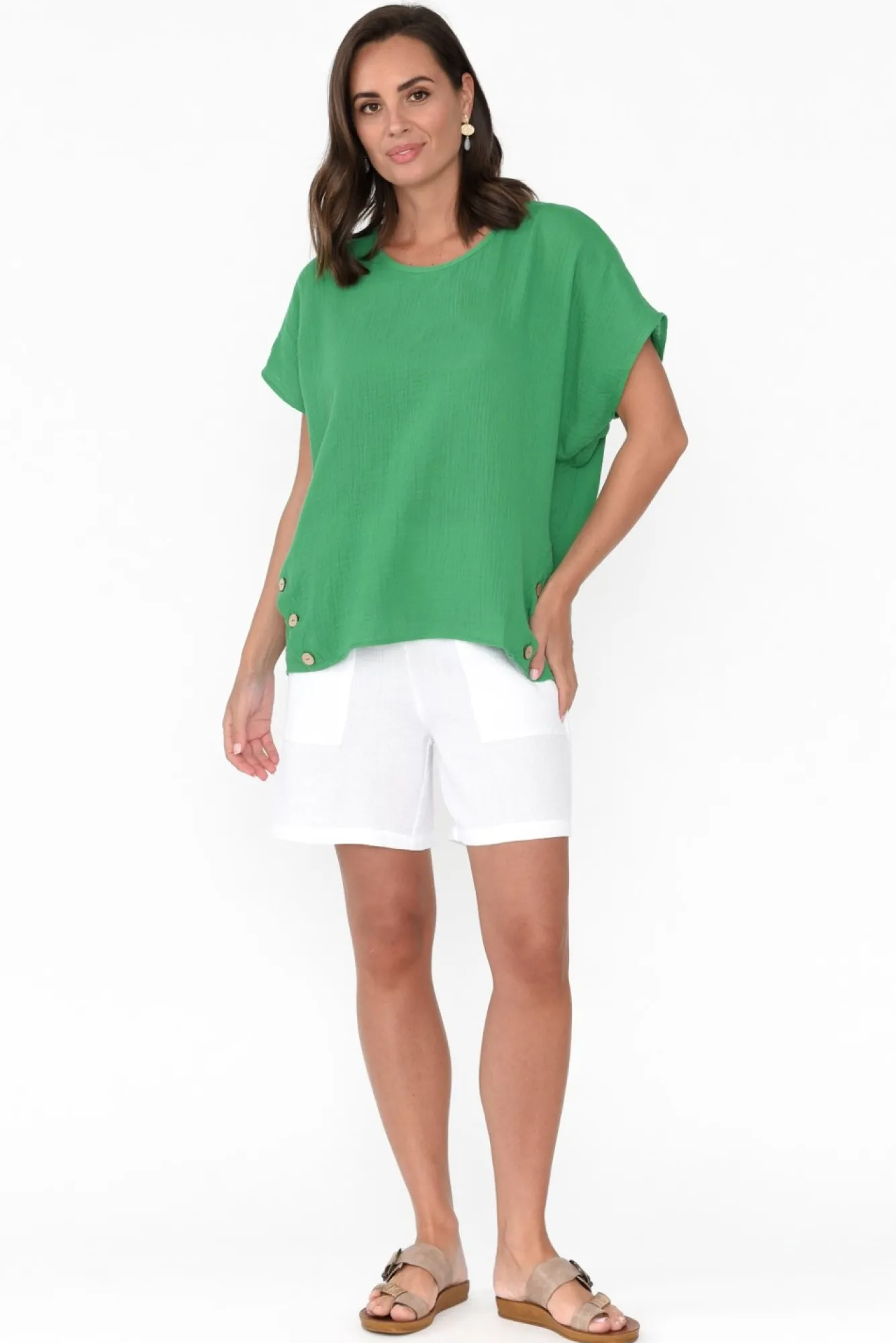 Cotton Tops<Threadz Byron Green Cotton Button Top