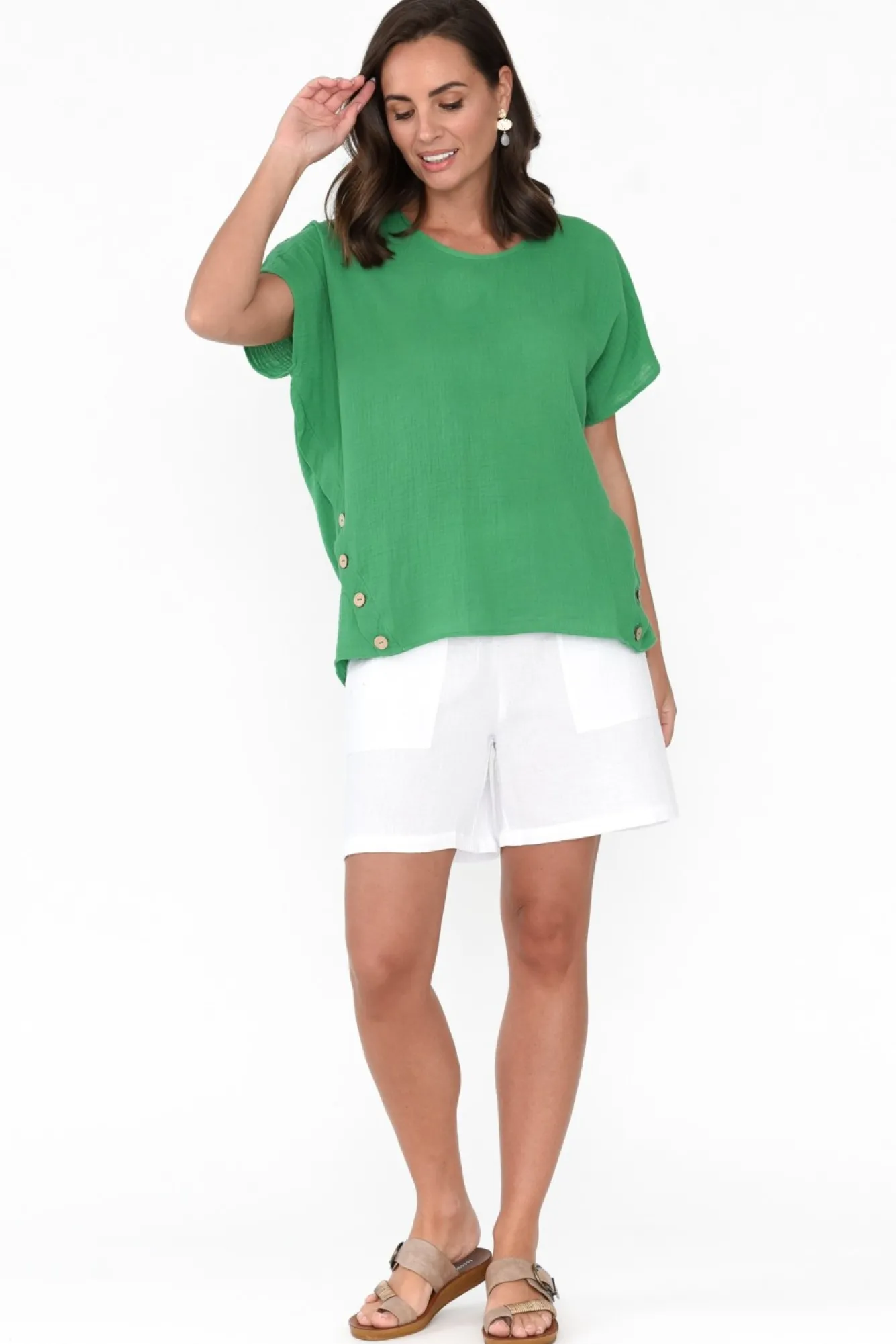 Cotton Tops<Threadz Byron Green Cotton Button Top