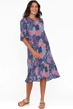 Below Knee Dresses<One Summer Calla Purple Patchwork Crinkle Dress