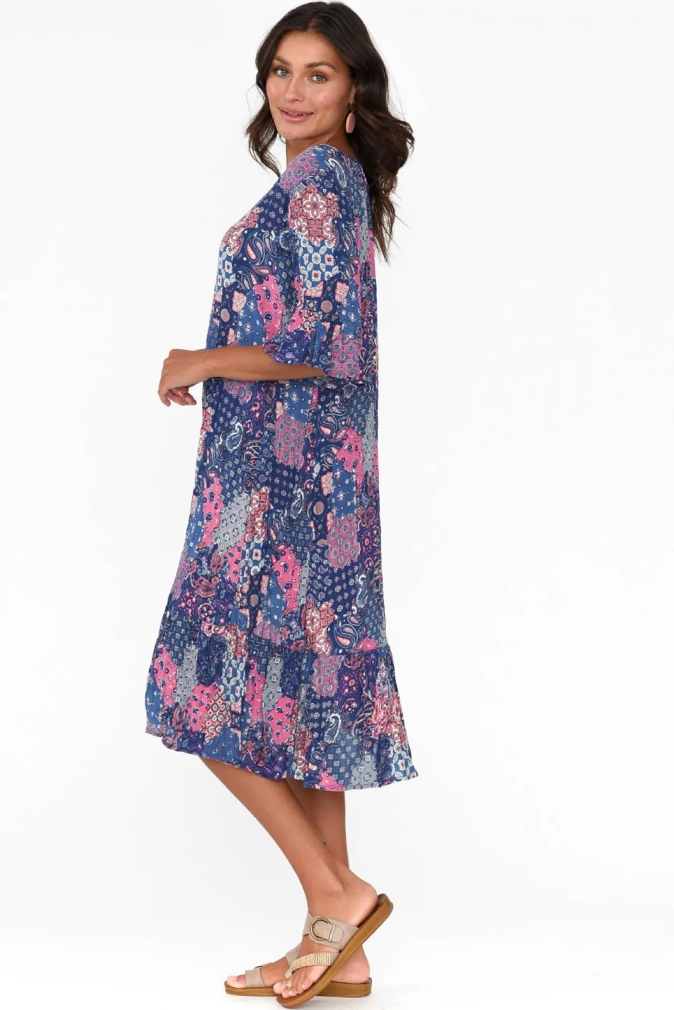 Below Knee Dresses<One Summer Calla Purple Patchwork Crinkle Dress
