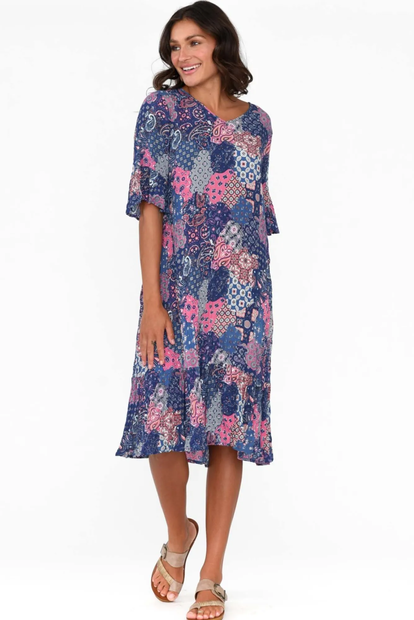 Below Knee Dresses<One Summer Calla Purple Patchwork Crinkle Dress