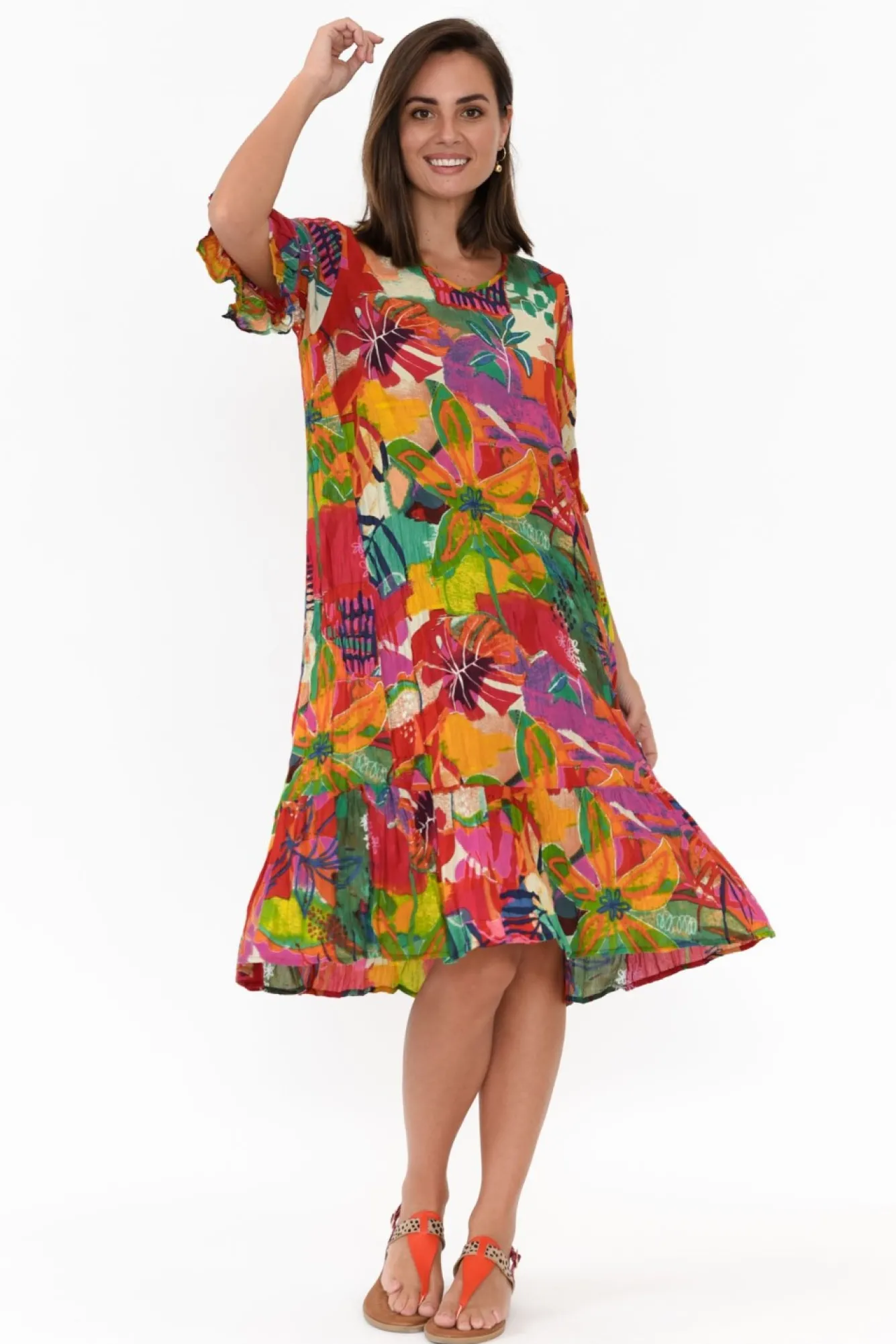 Below Knee Dresses<One Summer Calla Red Tropical Crinkle Dress