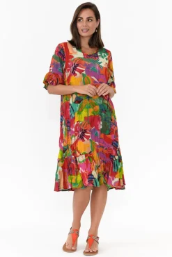 Below Knee Dresses<One Summer Calla Red Tropical Crinkle Dress