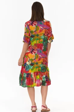 Below Knee Dresses<One Summer Calla Red Tropical Crinkle Dress