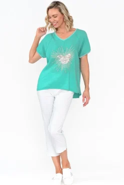 Linen Tops<Fabuler Candela Blue Sequin Heart Linen Top