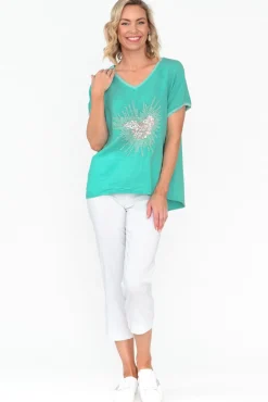 Linen Tops<Fabuler Candela Blue Sequin Heart Linen Top