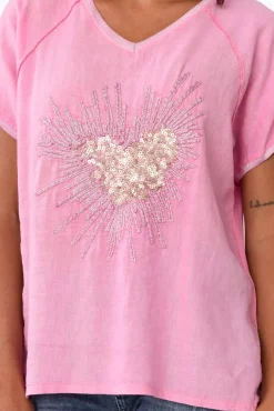 Linen Tops<Fabuler Candela Pink Sequin Heart Linen Top