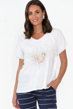 Sleeved Tops<Fabuler Candela White Sequin Heart Linen Top