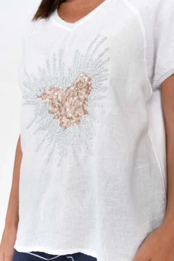 Sleeved Tops<Fabuler Candela White Sequin Heart Linen Top