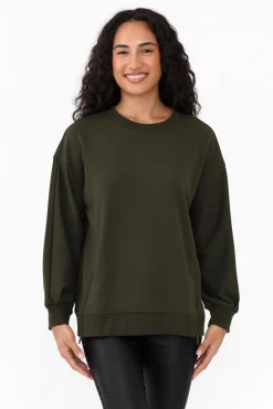 Cotton Tops<Betty Basics Cari Dark Olive Crew Jumper