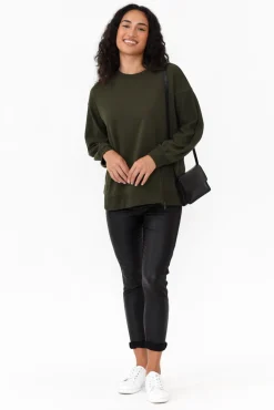 Cotton Tops<Betty Basics Cari Dark Olive Crew Jumper