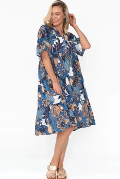 Below Knee Dresses<Mozaic Castaway Blue Blossom Cotton Dress