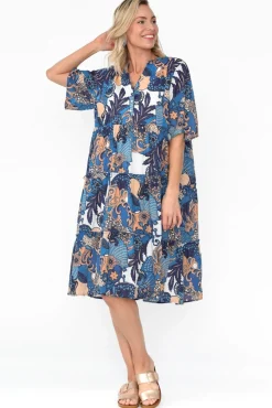 Below Knee Dresses<Mozaic Castaway Blue Blossom Cotton Dress