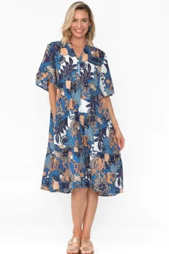 Below Knee Dresses<Mozaic Castaway Blue Blossom Cotton Dress