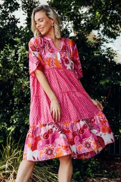Below Knee Dresses<Mozaic Castaway Pink Tropical Cotton Dress