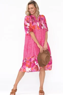 Below Knee Dresses<Mozaic Castaway Pink Tropical Cotton Dress