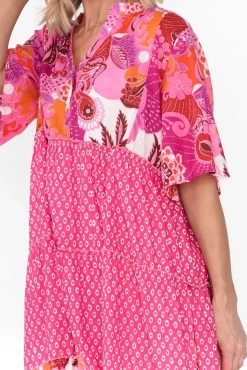 Below Knee Dresses<Mozaic Castaway Pink Tropical Cotton Dress