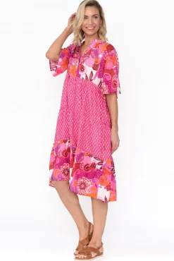 Below Knee Dresses<Mozaic Castaway Pink Tropical Cotton Dress