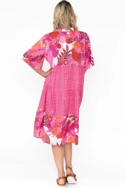 Below Knee Dresses<Mozaic Castaway Pink Tropical Cotton Dress