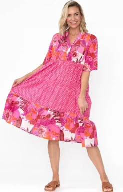 Below Knee Dresses<Mozaic Castaway Pink Tropical Cotton Dress