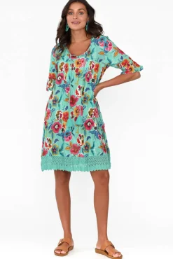 Cotton Dresses<One Summer Cayman Aqua Flower Cotton Tunic Dress