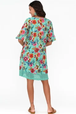 Cotton Dresses<One Summer Cayman Aqua Flower Cotton Tunic Dress