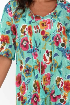 Cotton Dresses<One Summer Cayman Aqua Flower Cotton Tunic Dress