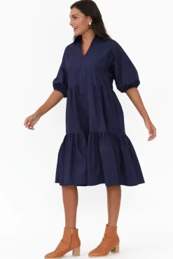 Cotton Dresses<Worthier Cecelia Navy Cotton Poplin Tiered Dress