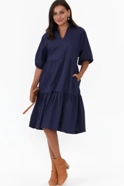 Cotton Dresses<Worthier Cecelia Navy Cotton Poplin Tiered Dress
