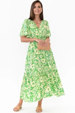Maxi Dresses<Isabella Boho Celia Green Floral V Neck Dress
