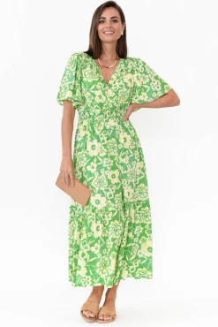 Maxi Dresses<Isabella Boho Celia Green Floral V Neck Dress