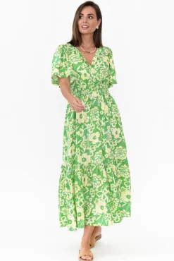 Maxi Dresses<Isabella Boho Celia Green Floral V Neck Dress