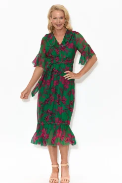 Midi Dresses<La Strada Charlotte Fuchsia Floral Silk Tie Dress