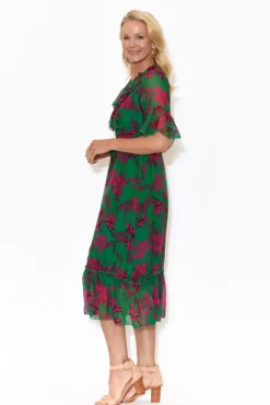 Midi Dresses<La Strada Charlotte Fuchsia Floral Silk Tie Dress