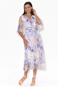 Midi Dresses<La Strada Charlotte White Hydrangea Silk Tie Dress