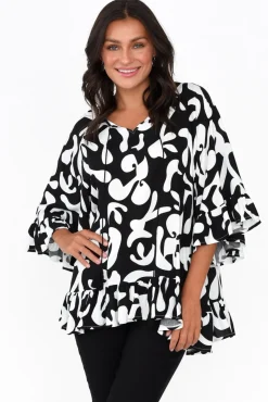 Sleeved Tops<New U Collection Chase Black Abstract Tassel Ruffle Top